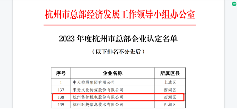 bifa·必发(中国)唯一官方网站股份被认定为“2023年度杭州市总部企业”